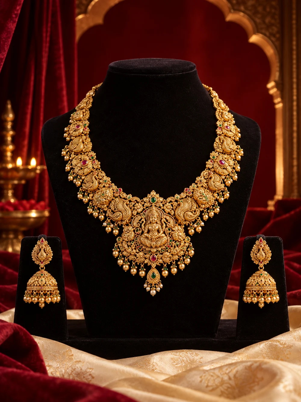 Traditional gold necklace and earrings on a velvet display — Shreeji Jewellery