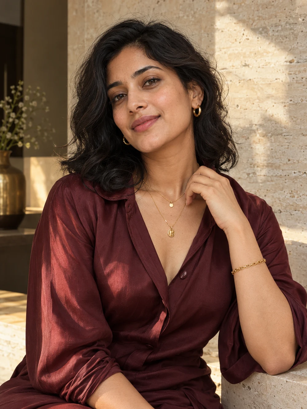 Delicate gold necklace and bracelet styling with a burgundy blouse — Shreeji Jewellery