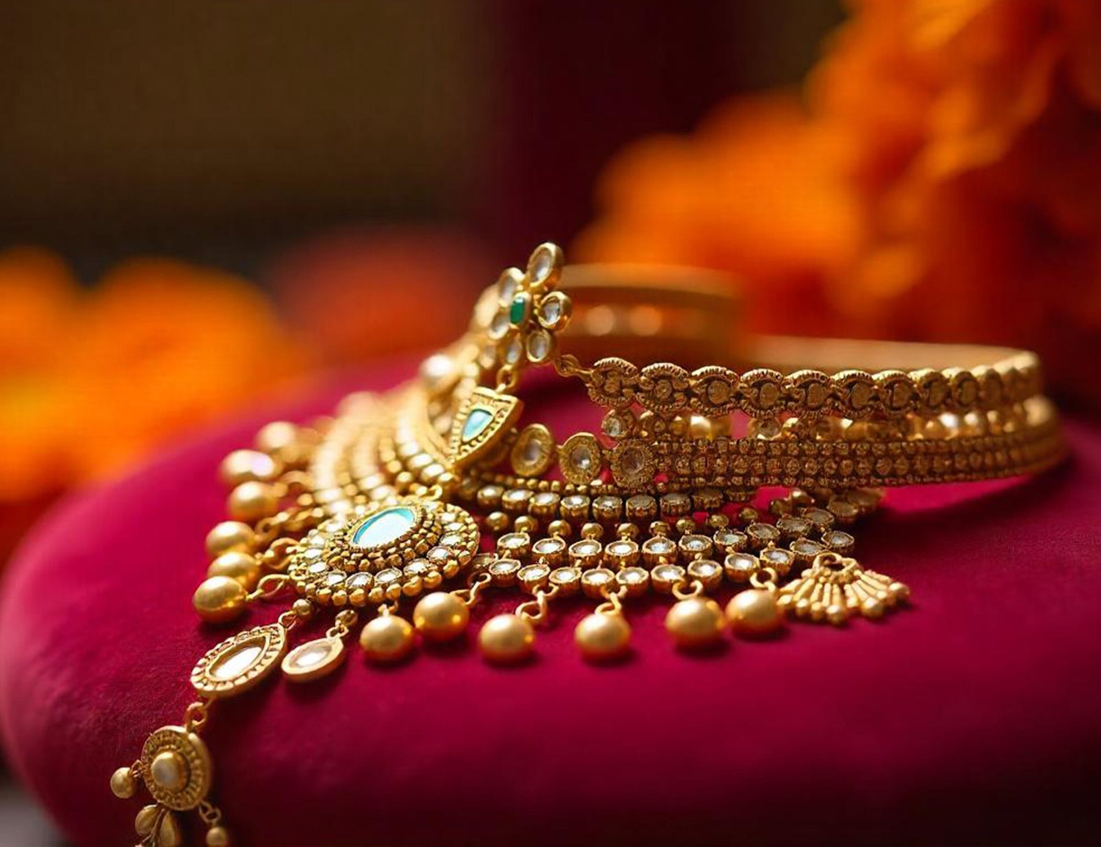 Gold jewellery for everyday moments — Shreeji Jewellery A gold pendant necklace and ring arranged on a white background — Shreeji Jewellery